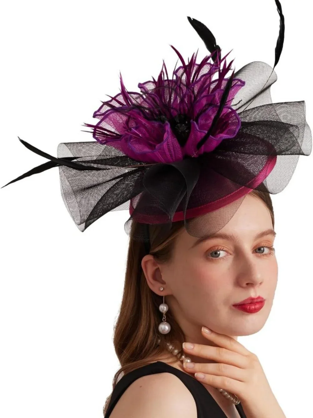 Elegant Wide Brim Organza Church Derby Hat with Detachable Flower for Weddings